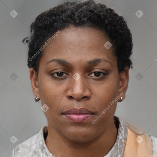 Neutral black young-adult female with short  brown hair and brown eyes