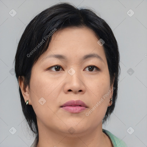 Neutral asian adult female with medium  brown hair and brown eyes