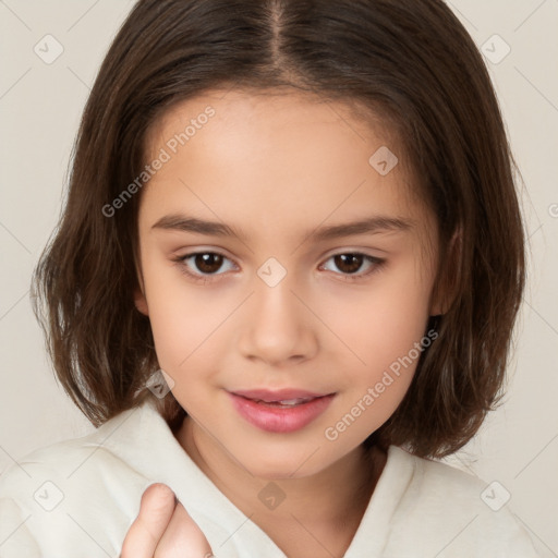 Joyful white child female with medium  brown hair and brown eyes