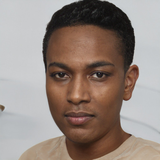 Neutral black young-adult male with short  black hair and brown eyes