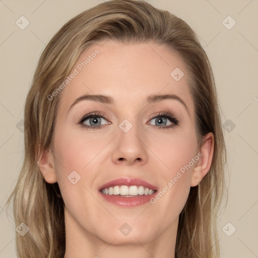 Joyful white young-adult female with long  brown hair and grey eyes