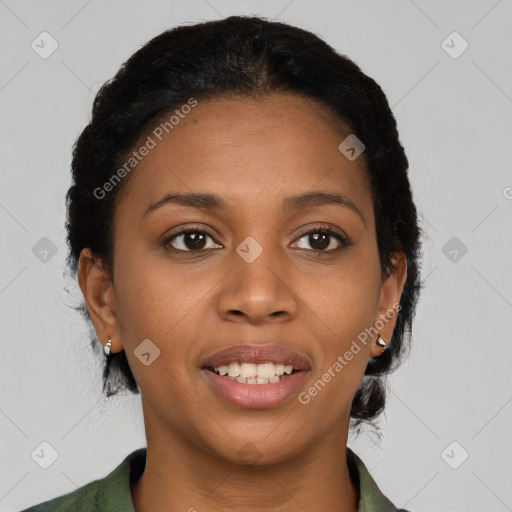 Joyful black young-adult female with medium  black hair and brown eyes