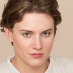 Neutral white young-adult female with short  brown hair and brown eyes