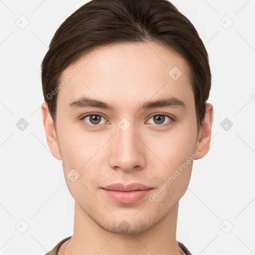 Neutral white young-adult male with short  brown hair and brown eyes