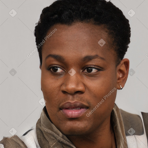 Neutral black young-adult female with short  black hair and brown eyes
