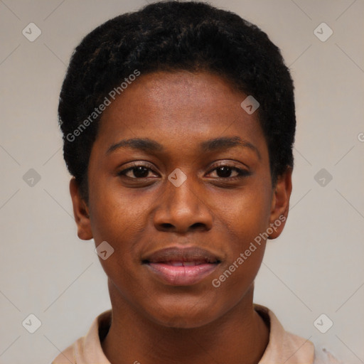 Joyful black young-adult female with short  black hair and brown eyes