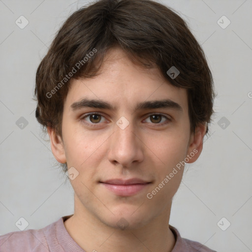 Neutral white young-adult male with short  brown hair and brown eyes