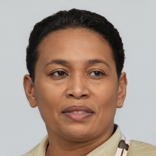 Joyful latino adult female with short  black hair and brown eyes
