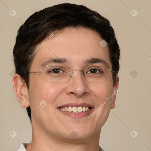 Joyful white adult male with short  brown hair and brown eyes