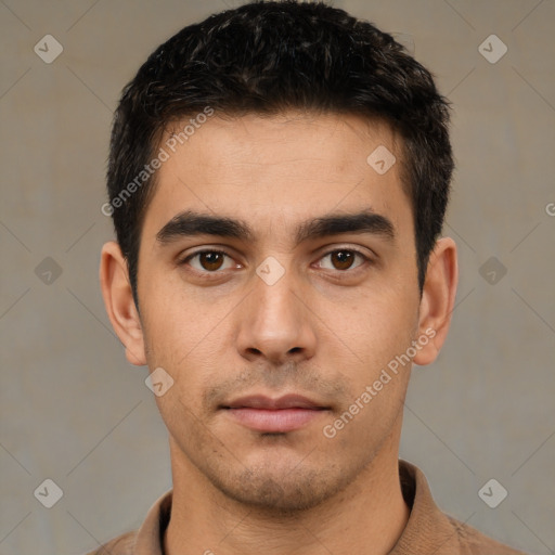 Neutral white young-adult male with short  black hair and brown eyes