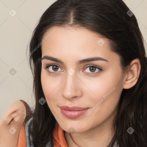 Neutral white young-adult female with long  brown hair and brown eyes