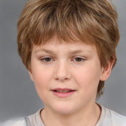 Joyful white child female with short  brown hair and brown eyes