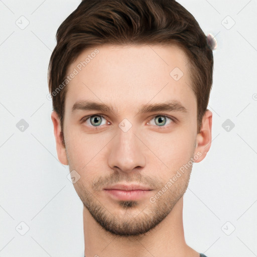 Neutral white young-adult male with short  brown hair and grey eyes