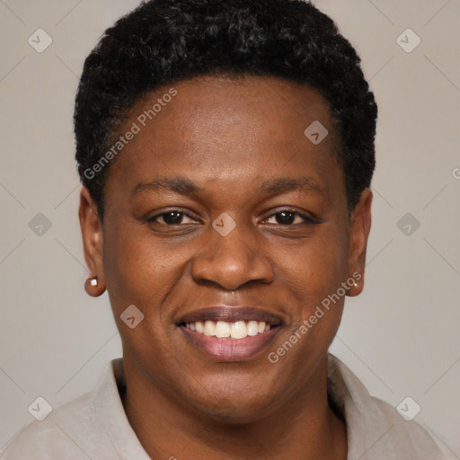 Joyful black young-adult female with short  brown hair and brown eyes