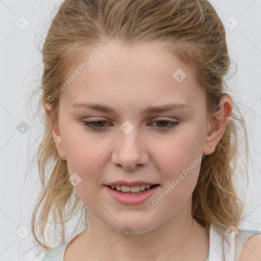 Joyful white child female with medium  brown hair and blue eyes