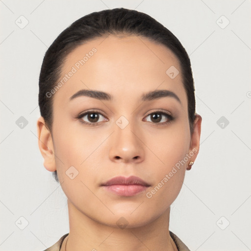 Neutral latino young-adult female with short  black hair and brown eyes