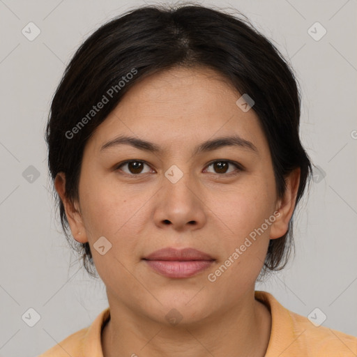 Joyful asian young-adult female with medium  brown hair and brown eyes