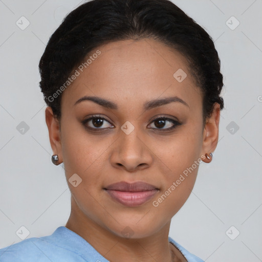 Joyful asian young-adult female with short  brown hair and brown eyes