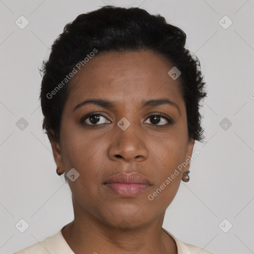 Neutral black young-adult female with short  black hair and brown eyes