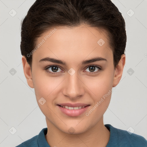 Joyful white young-adult female with short  brown hair and brown eyes