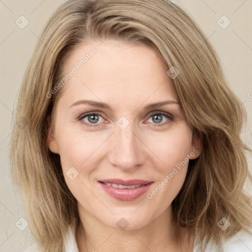 Joyful white young-adult female with medium  brown hair and green eyes