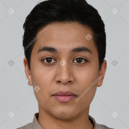 Neutral latino young-adult male with short  black hair and brown eyes