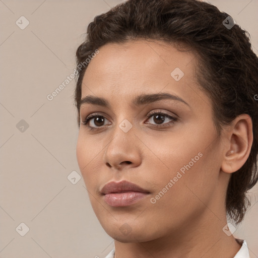 Neutral white young-adult female with short  brown hair and brown eyes