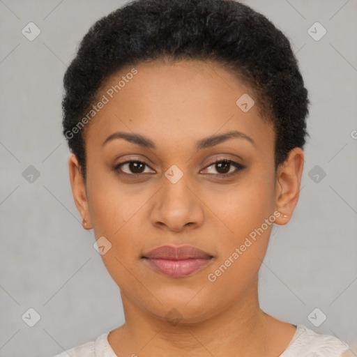 Joyful latino young-adult female with short  brown hair and brown eyes