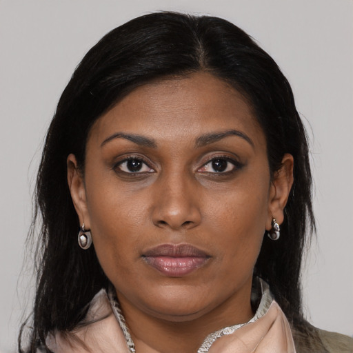 Neutral black young-adult female with long  brown hair and brown eyes