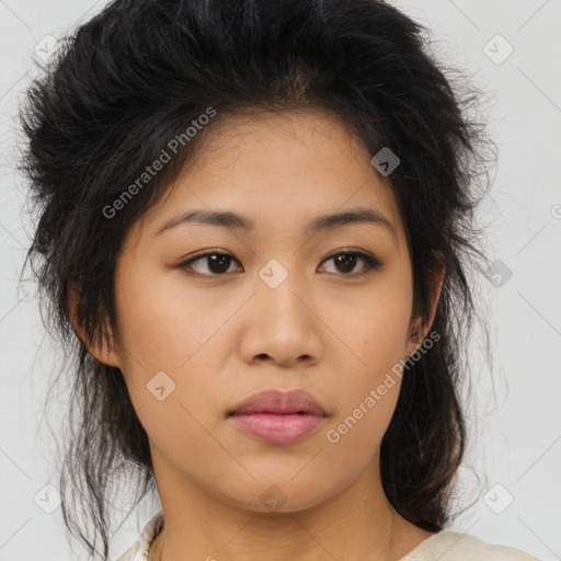 Neutral asian young-adult female with medium  brown hair and brown eyes