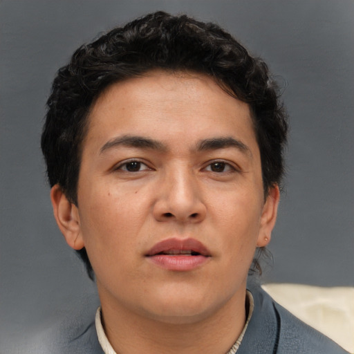 Neutral asian young-adult male with short  brown hair and brown eyes