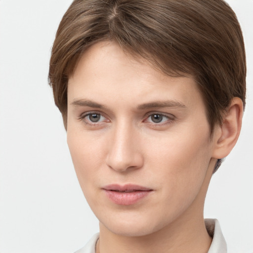 Neutral white young-adult female with short  brown hair and brown eyes