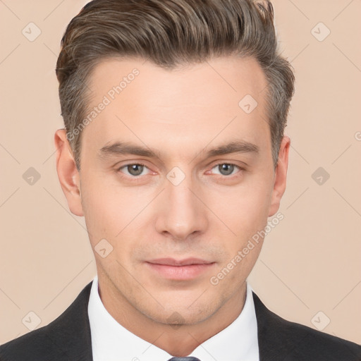 Neutral white young-adult male with short  brown hair and brown eyes