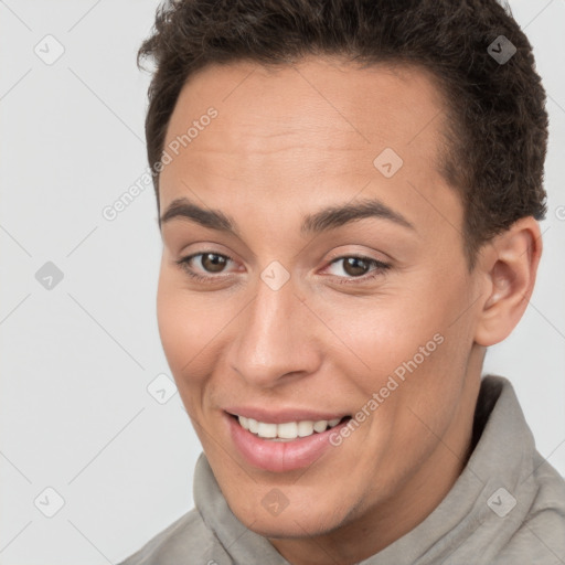 Joyful white young-adult female with short  brown hair and brown eyes