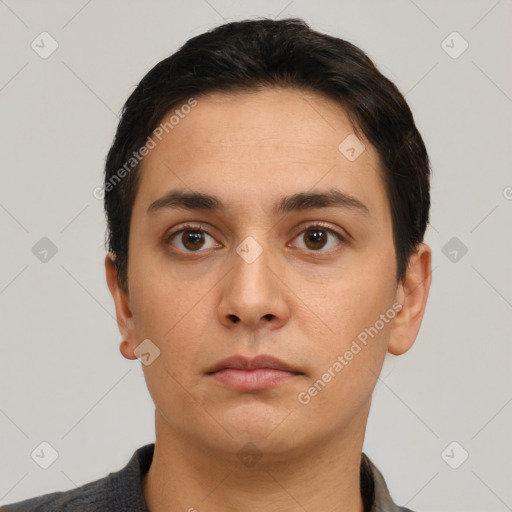 Neutral asian young-adult male with short  black hair and brown eyes