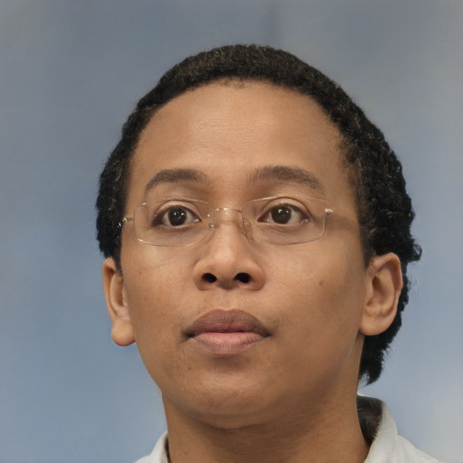 Neutral black adult female with short  brown hair and brown eyes