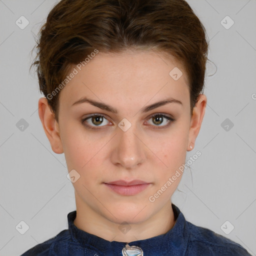 Neutral white young-adult female with short  brown hair and brown eyes