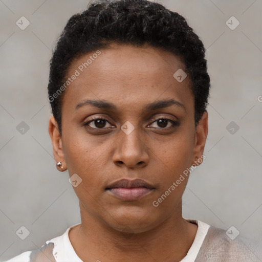 Neutral black young-adult female with short  black hair and brown eyes