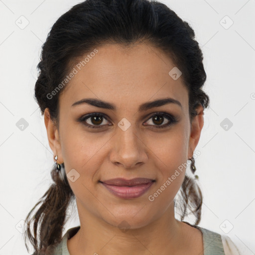 Joyful latino young-adult female with medium  brown hair and brown eyes