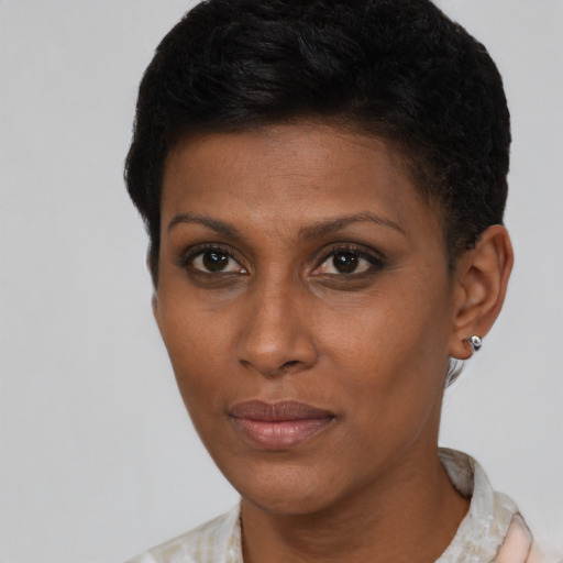 Neutral black young-adult female with short  brown hair and brown eyes