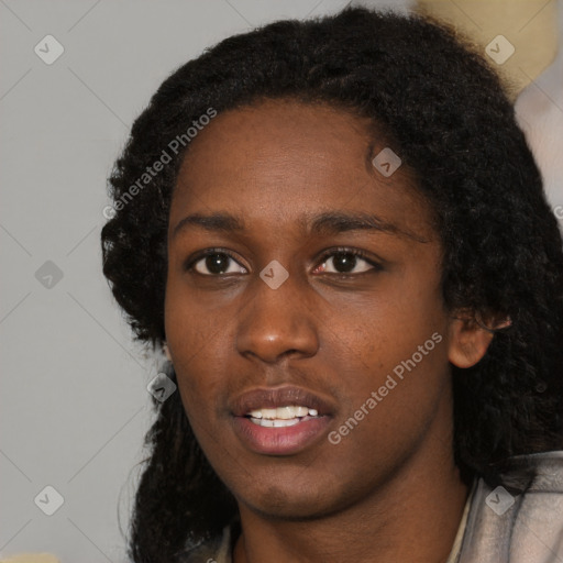 Neutral black young-adult female with short  black hair and brown eyes