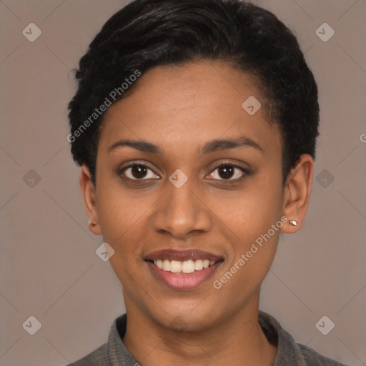 Joyful latino young-adult female with short  black hair and brown eyes