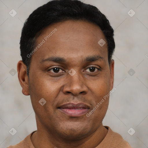 Neutral black adult male with short  black hair and brown eyes