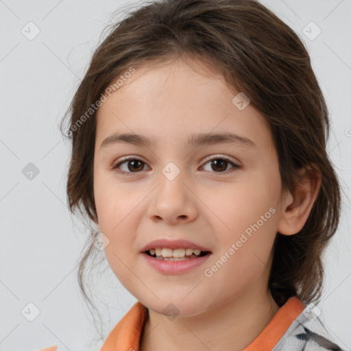 Joyful white child female with medium  brown hair and brown eyes