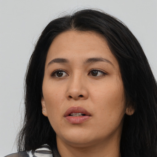 Neutral asian young-adult female with medium  black hair and brown eyes