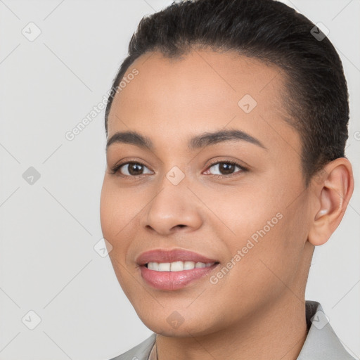 Joyful white young-adult female with short  brown hair and brown eyes