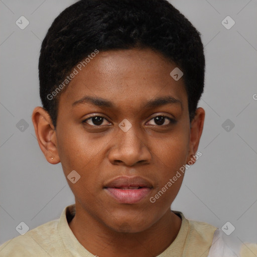 Neutral black young-adult female with short  brown hair and brown eyes