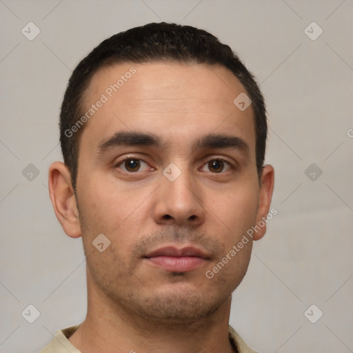 Neutral white young-adult male with short  black hair and brown eyes