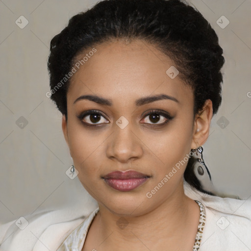 Joyful latino young-adult female with short  black hair and brown eyes