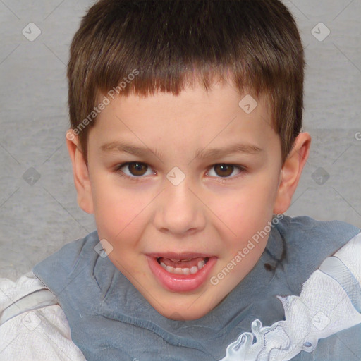 Joyful white child male with short  brown hair and brown eyes